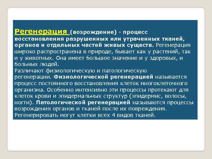 Регенерация (возрождение) - процесс восстановления разрушенных или утраченных тканей, органов и отдельных частей живых