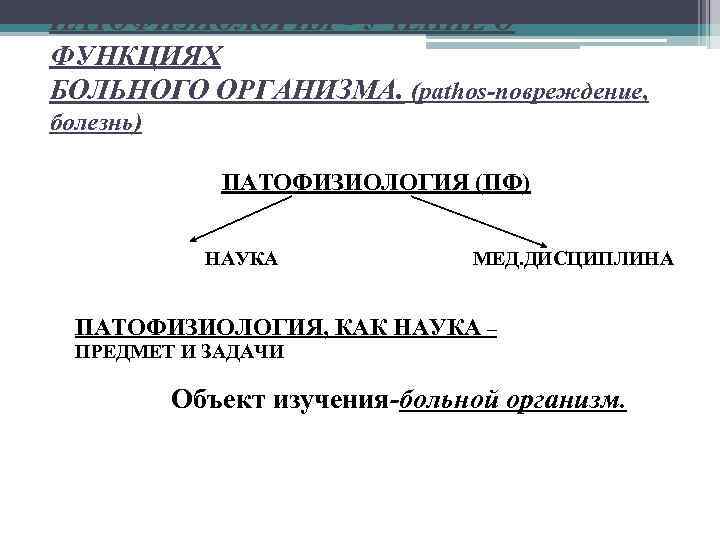 ПАТОФИЗИОЛОГИЯ - УЧЕНИЕ О ФУНКЦИЯХ БОЛЬНОГО ОРГАНИЗМА. (pathos-повреждение, болезнь) ПАТОФИЗИОЛОГИЯ (ПФ) НАУКА МЕД. ДИСЦИПЛИНА