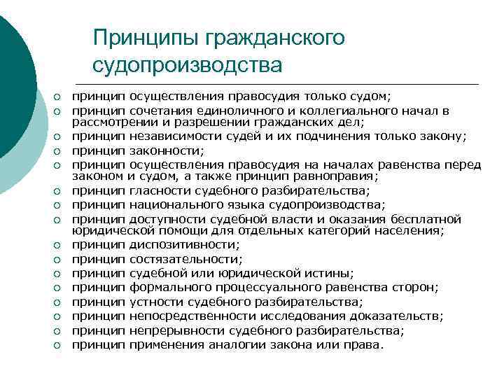 Принципы гражданского судопроизводства ¡ ¡ ¡ ¡ принцип осуществления правосудия только судом; принцип сочетания