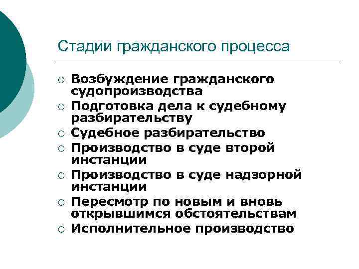 Стадии гражданского процесса ¡ ¡ ¡ ¡ Возбуждение гражданского судопроизводства Подготовка дела к судебному