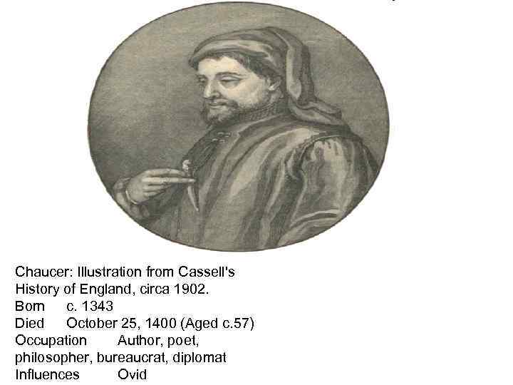 Chaucer: Illustration from Cassell's History of England, circa 1902. Born c. 1343 Died October