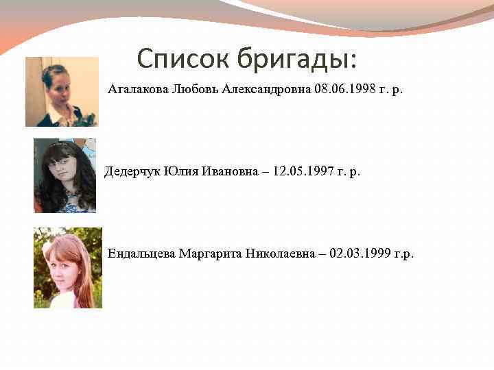 Список бригады: Агалакова Любовь Александровна 08. 06. 1998 г. р. Дедерчук Юлия Ивановна –