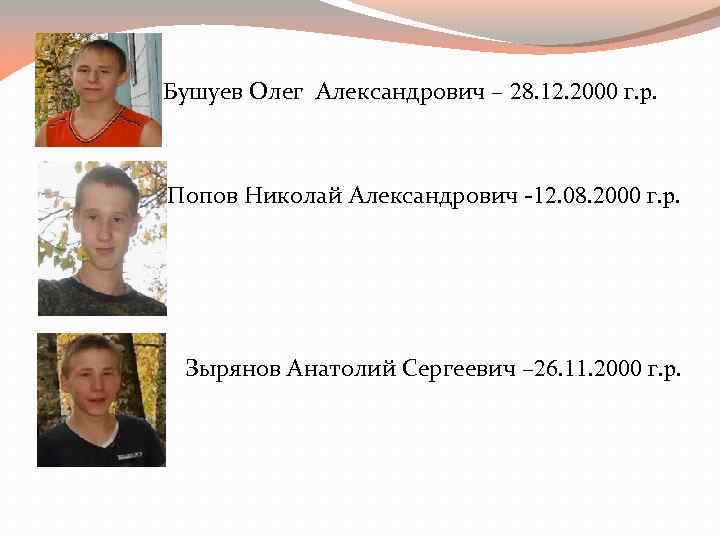  Бушуев Олег Александрович – 28. 12. 2000 г. р. Попов Николай Александрович -12.