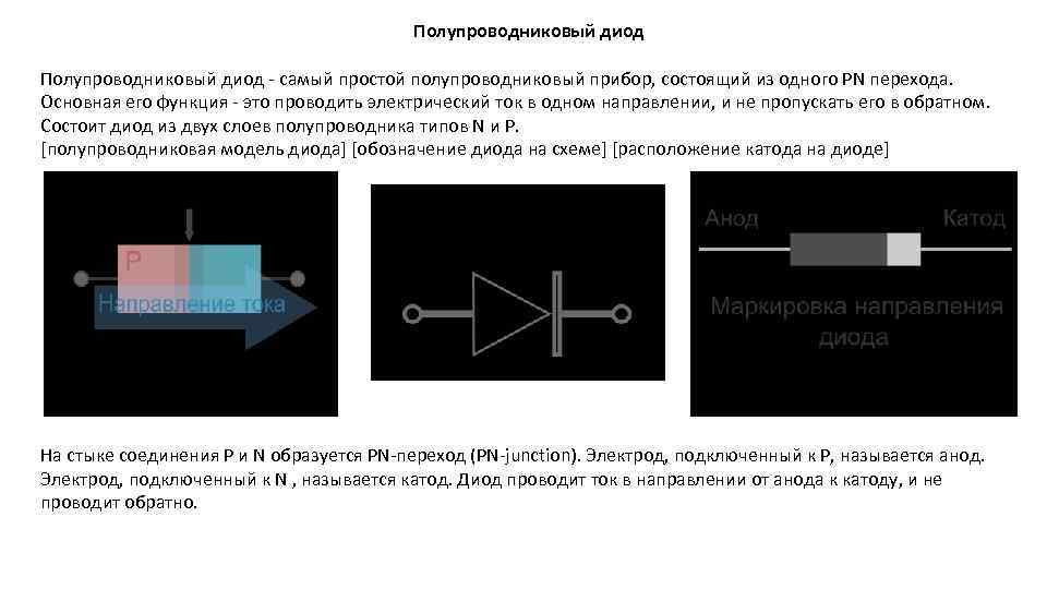 Полупроводниковый диод - самый простой полупроводниковый прибор, состоящий из одного PN перехода. Основная его