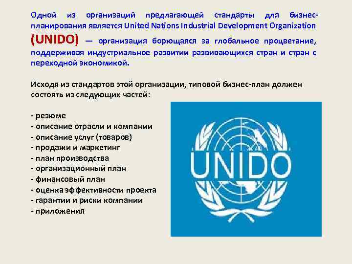 Одной из организаций предлагающей стандарты для бизнеспланирования является United Nations Industrial Development Organization (UNIDO)
