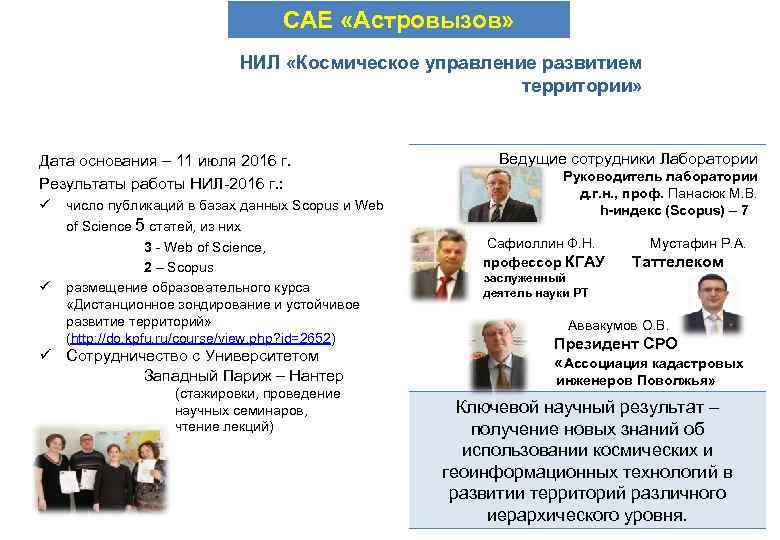 САЕ «Астровызов» НИЛ «Космическое управление развитием территории» Дата основания – 11 июля 2016 г.