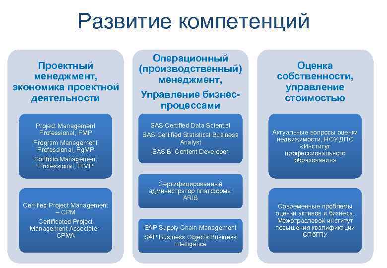 Развитие компетенций Проектный менеджмент, экономика проектной деятельности Project Management Professional, PMP Program Management Professional,