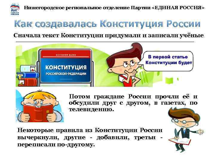 Нижегородское региональное отделение Партии «ЕДИНАЯ РОССИЯ» Как создавалась Конституция России Сначала текст Конституции придумали