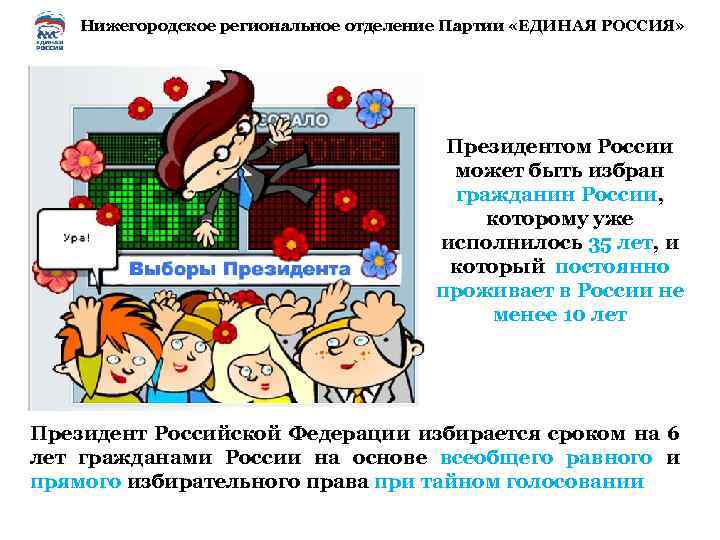 Нижегородское региональное отделение Партии «ЕДИНАЯ РОССИЯ» Президентом России может быть избран гражданин России, которому