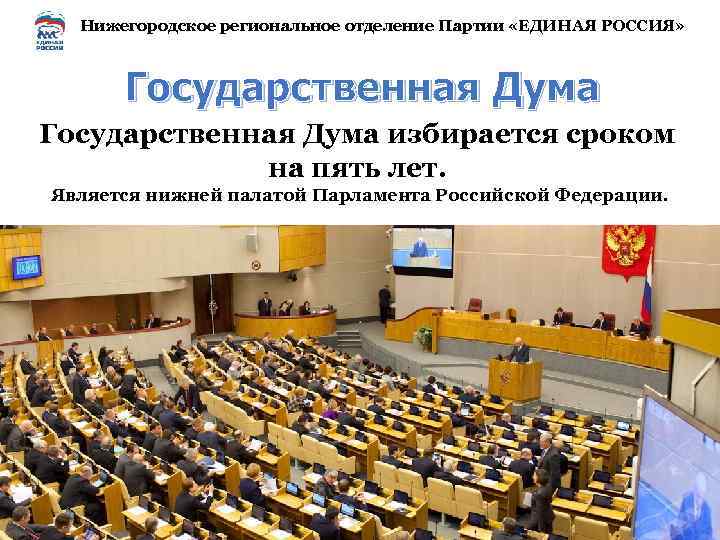 Нижегородское региональное отделение Партии «ЕДИНАЯ РОССИЯ» Государственная Дума избирается сроком на пять лет. Является