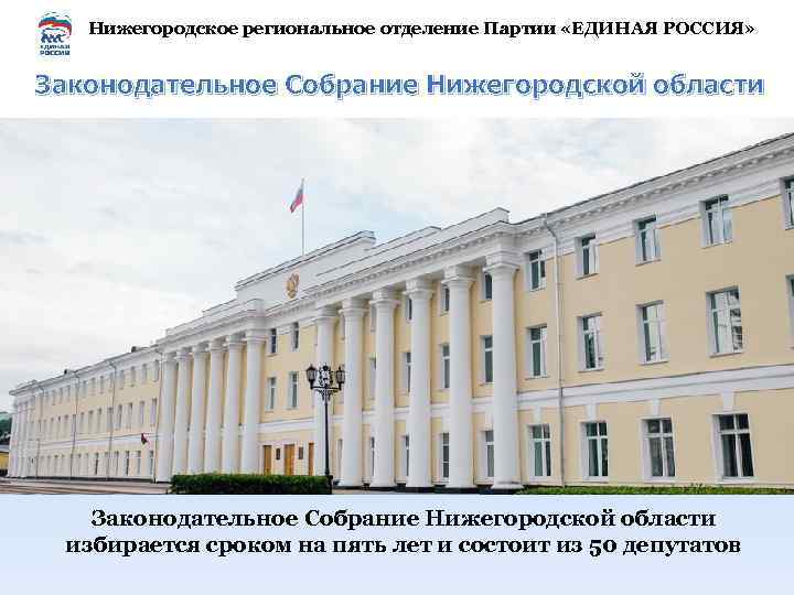Нижегородское региональное отделение Партии «ЕДИНАЯ РОССИЯ» Законодательное Собрание Нижегородской области избирается сроком на пять