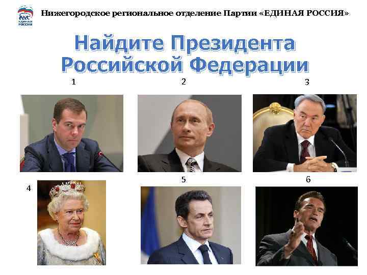 Нижегородское региональное отделение Партии «ЕДИНАЯ РОССИЯ» Найдите Президента Российской Федерации 1 4 2 3
