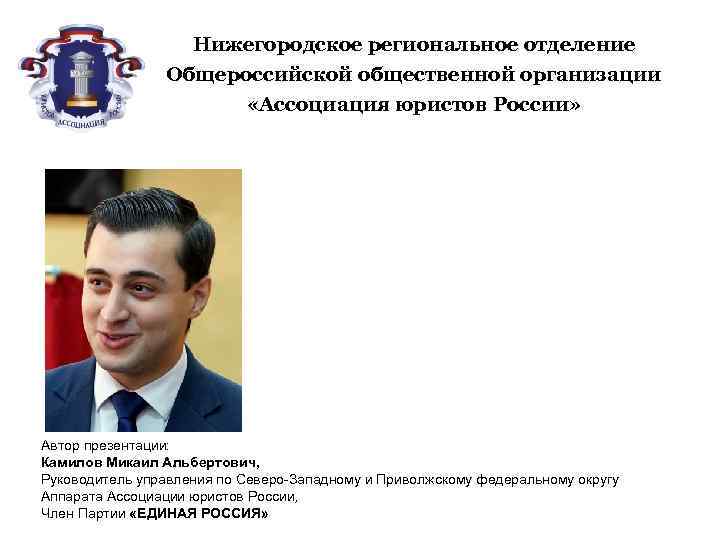 Нижегородское региональное отделение Общероссийской общественной организации «Ассоциация юристов России» Автор презентации: Камилов Микаил Альбертович,