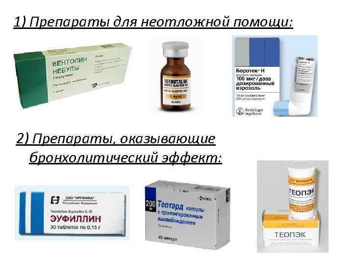 1) Препараты для неотложной помощи: 2) Препараты, оказывающие бронхолитический эффект: 