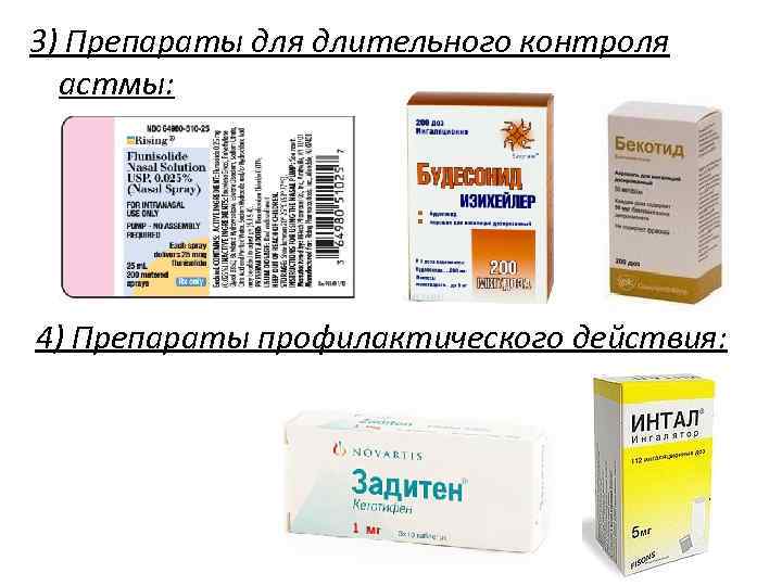 3) Препараты для длительного контроля астмы: 4) Препараты профилактического действия: 