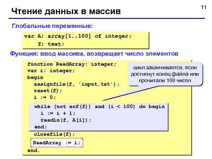 11 Чтение данных в массив Глобальные переменные: var A: array[1. . 100] of integer;