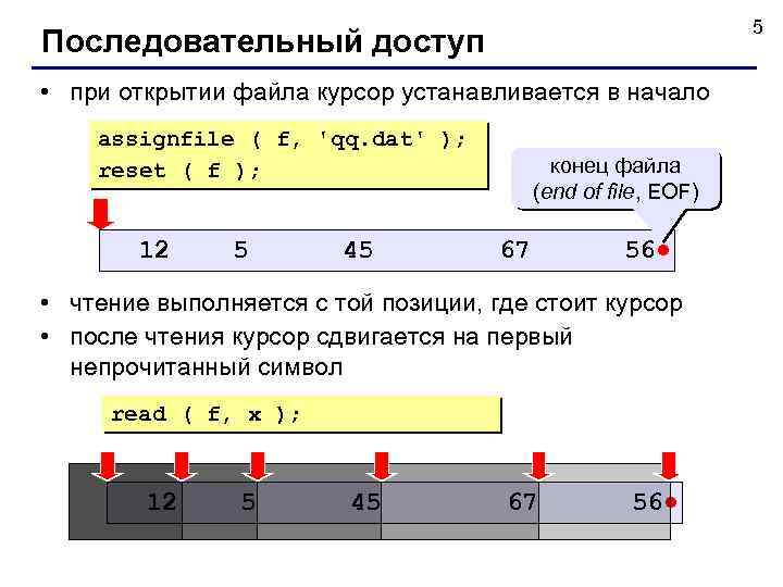 5 Последовательный доступ • при открытии файла курсор устанавливается в начало assignfile ( f,