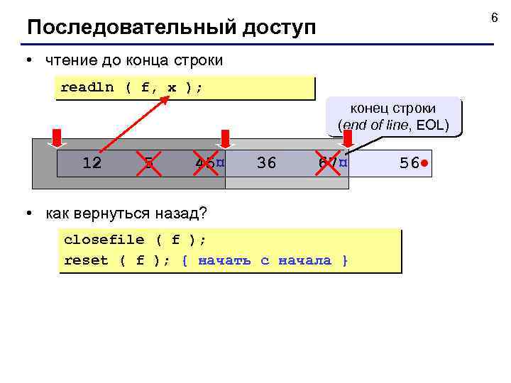 6 Последовательный доступ • чтение до конца строки readln ( f, x ); конец