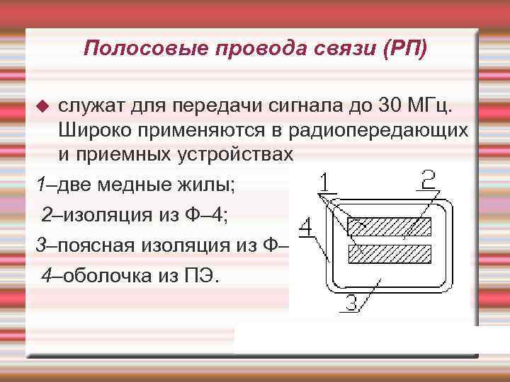 Полосовые провода связи (РП) служат для передачи сигнала до 30 МГц. Широко применяются в