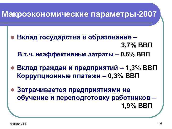 Макроэкономические параметры-2007 l Вклад государства в образование – 3, 7% ВВП В т. ч.