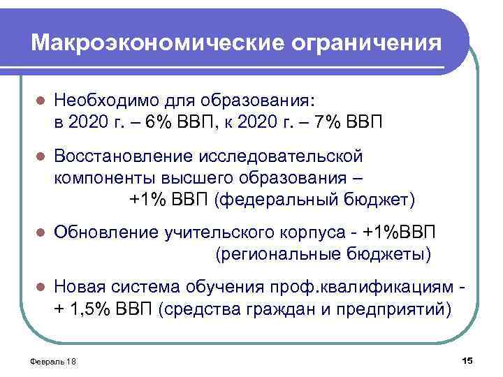 Макроэкономические ограничения l Необходимо для образования: в 2020 г. – 6% ВВП, к 2020