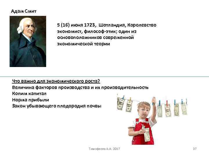 Адам Смит 5 (16) июня 1723, Шотландия, Королевство экономист, философ этик; один из основоположников