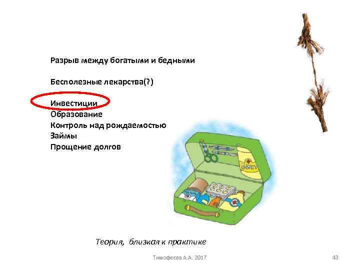 Разрыв между богатыми и бедными Бесполезные лекарства(? ) Инвестиции Образование Контроль над рождаемостью Займы