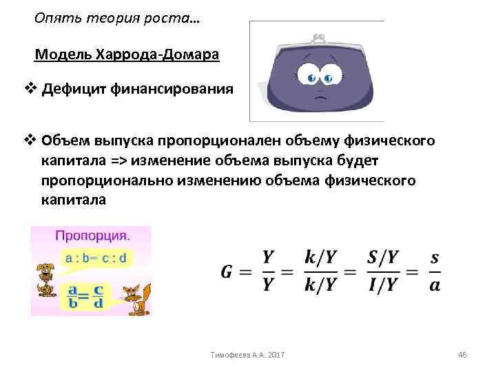 Опять теория роста… Модель Харрода Домара v Дефицит финансирования v Объем выпуска пропорционален объему