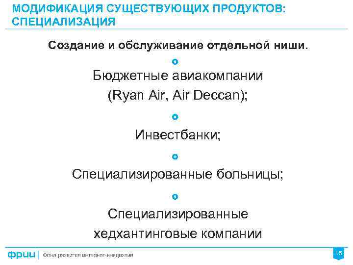 МОДИФИКАЦИЯ СУЩЕСТВУЮЩИХ ПРОДУКТОВ: СПЕЦИАЛИЗАЦИЯ Создание и обслуживание отдельной ниши. Бюджетные авиакомпании (Ryan Air, Air