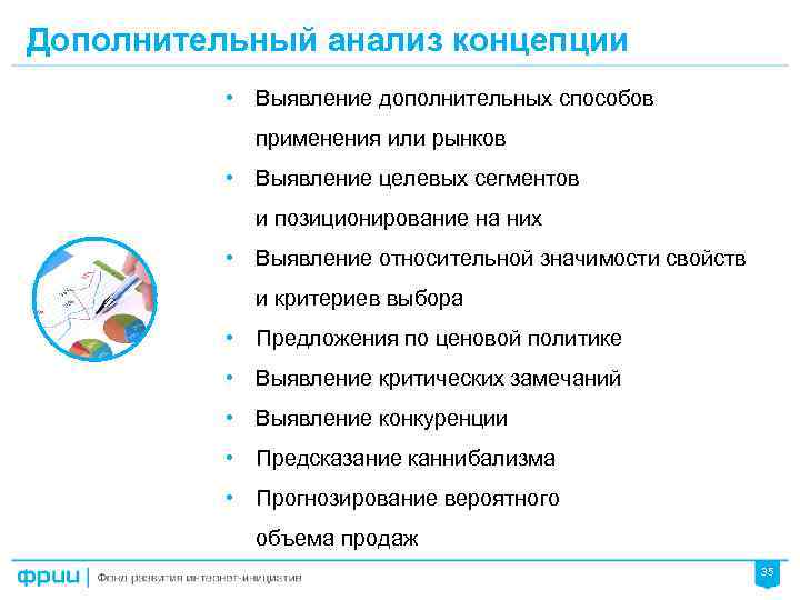Дополнительный анализ концепции • Выявление дополнительных способов применения или рынков • Выявление целевых сегментов