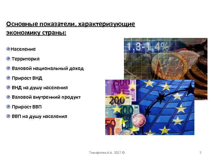 Основные показатели, характеризующие экономику страны: Население Территория Валовой национальный доход Прирост ВНД на душу