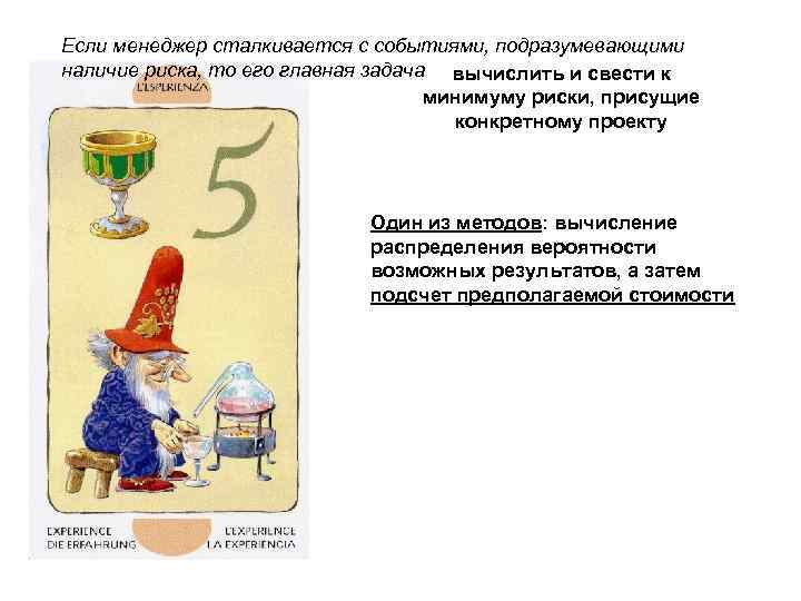 Если менеджер сталкивается с событиями, подразумевающими наличие риска, то его главная задача вычислить и