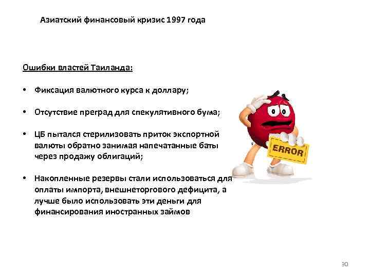 Азиатский финансовый кризис 1997 года Ошибки властей Таиланда: • Фиксация валютного курса к доллару;