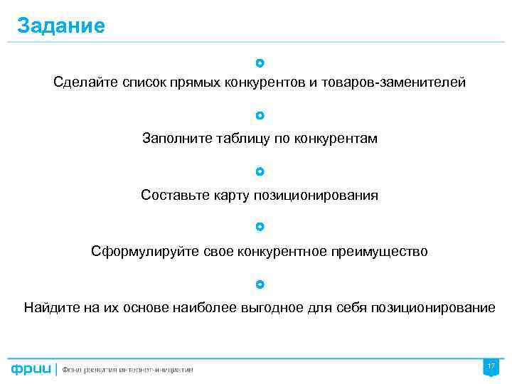 Задание Сделайте список прямых конкурентов и товаров-заменителей Заполните таблицу по конкурентам Составьте карту позиционирования