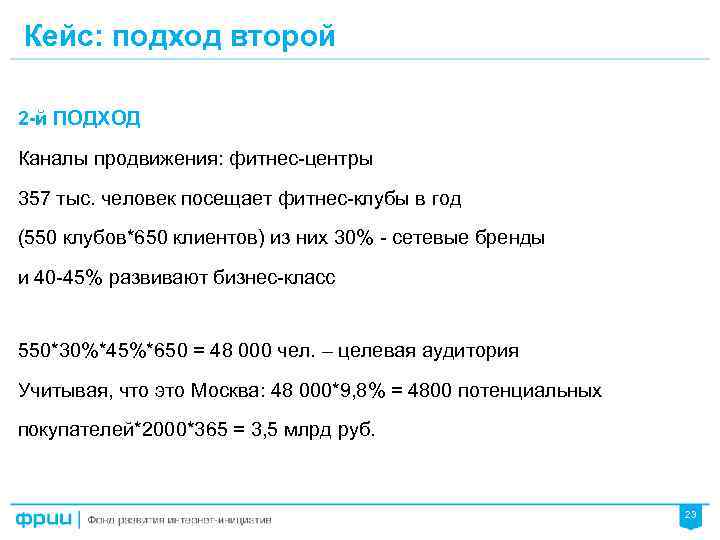 Кейс: подход второй 2 -й ПОДХОД Каналы продвижения: фитнес-центры 357 тыс. человек посещает фитнес-клубы