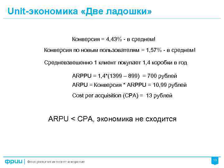 Unit-экономика «Две ладошки» Конверсия = 4, 43% - в среднем! Конверсия по новым пользователям