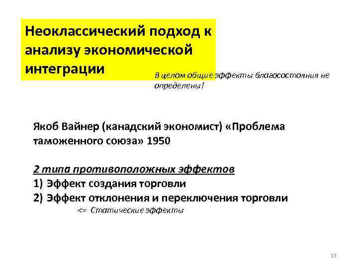 Неоклассический подход к анализу экономической интеграции В целом общие эффекты благосостояния не определены! Якоб