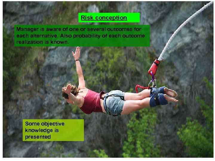 Risk conception Manager is aware of one or several outcomes for each alternative. Also