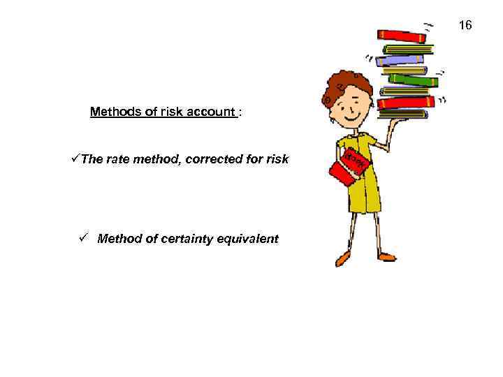 16 Methods of risk account : The rate method, corrected for risk Method of