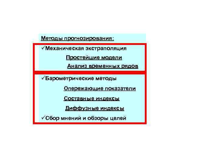 Методы прогнозирования: Механическая экстраполяция Простейшие модели Анализ временных рядов Барометрические методы Опережающие показатели Составные