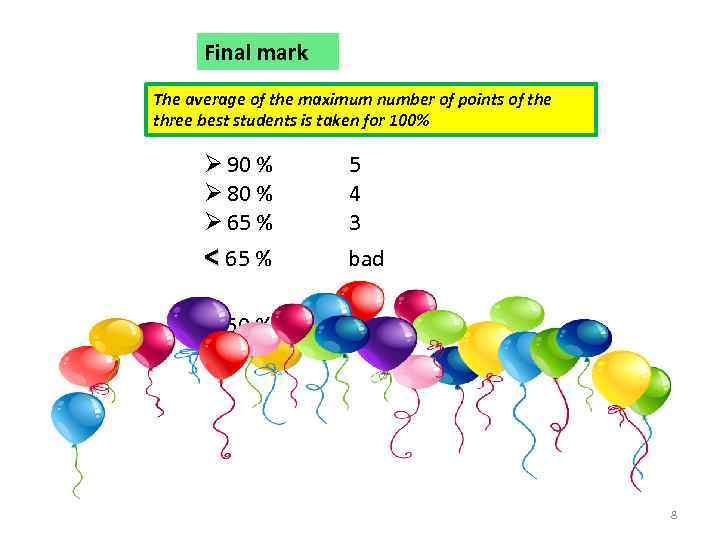 Final mark The average of the maximum number of points of the three best