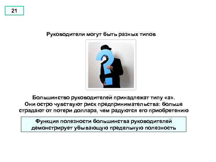 21 Руководители могут быть разных типов Большинство руководителей принадлежат типу «а» . Они остро