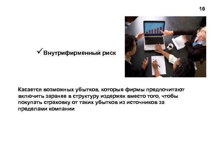 10 Внутрифирменный риск Касается возможных убытков, которые фирмы предпочитают включить заранее в структуру издержек