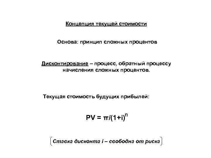 Концепция текущей стоимости Основа: принцип сложных процентов Дисконтирование – процесс, обратный процессу начисления сложных