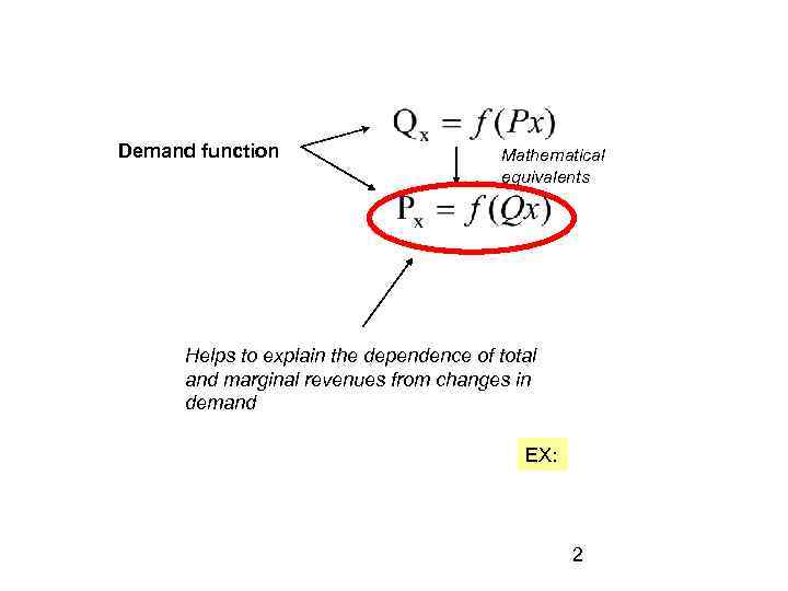 Demand function Mathematical equivalents Helps to explain the dependence of total and marginal revenues