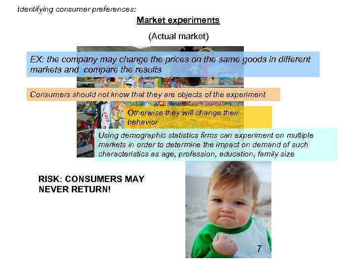 Identifying consumer preferences: Market experiments (Actual market) ЕХ: the company may change the prices