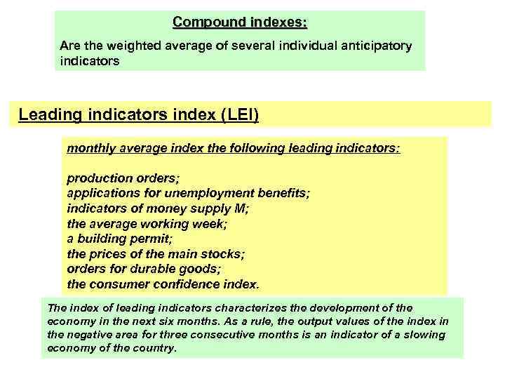 Compound indexes: Are the weighted average of several individual anticipatory indicators Leading indicators index