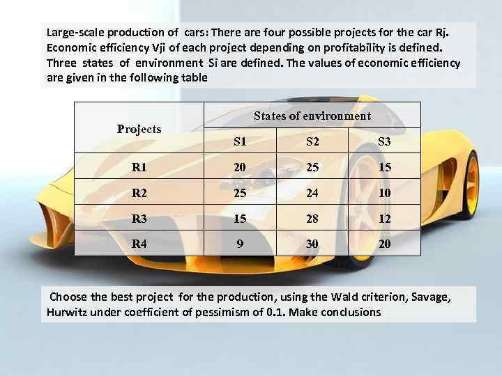 Large-scale production of cars: There are four possible projects for the car Rj. Economic