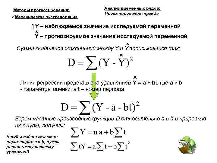 Методы прогнозирования: Механическая экстраполяция Анализ временных рядов: Проектирование тренда ] Y – наблюдаемое значение