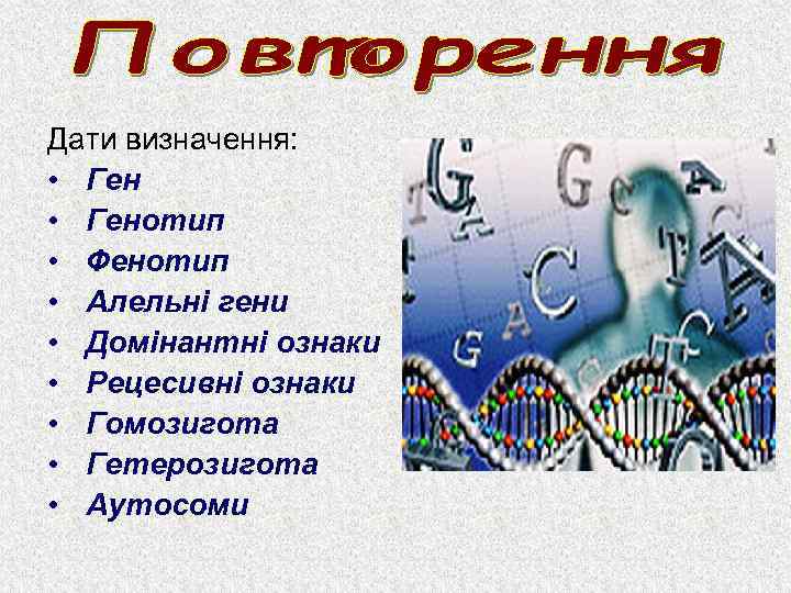 Дати визначення: • Генотип • Фенотип • Алельні гени • Домінантні ознаки • Рецесивні